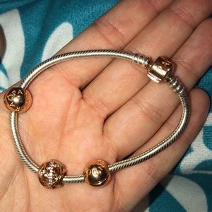 PANDORA BRACELET SILVER AND ROSE GOLD WITH CHARMS